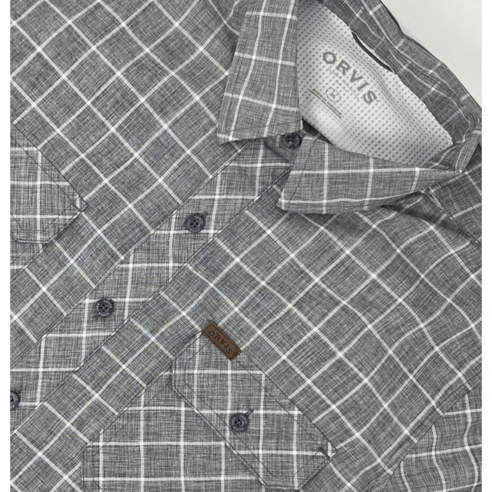 Orvis Tech Chambray Shirt Button Up Mens Medium Gray Plaid Performance Pockets
